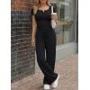 image:imageTrendy Queen Womens 2 Piece Matching Lounge Sets Summer Henley Neck Slightly Crop Top Wide Leg Pants Casual Sweat SuitBlack