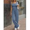 image:imageTrendy Queen Womens 2 Piece Matching Lounge Sets Summer Henley Neck Slightly Crop Top Wide Leg Pants Casual Sweat SuitDusty Blue