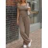 image:imageTrendy Queen Womens 2 Piece Matching Lounge Sets Summer Henley Neck Slightly Crop Top Wide Leg Pants Casual Sweat SuitMocha