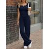 image:imageTrendy Queen Womens 2 Piece Matching Lounge Sets Summer Henley Neck Slightly Crop Top Wide Leg Pants Casual Sweat SuitNavy Blue