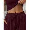 image:imageTrendy Queen Womens 2 Piece Matching Lounge Sets Summer Henley Neck Slightly Crop Top Wide Leg Pants Casual Sweat SuitWine Red