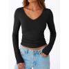 image:imageTrendy Queen Womens Double Lined V Neck Long Sleeve Shirt 2025 Fall Fitted Crop Top Going Out Basic Tee Fashion ClothingBlack