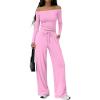 image:imageTrendy Queen 2 Piece Off Shoulder Set Womens Wide Leg Pants Side Ruching Slightly Crop Top SetsPink