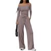 image:imageTrendy Queen 2 Piece Off Shoulder Set Womens Wide Leg Pants Side Ruching Slightly Crop Top SetsRose Taupe