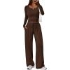 image:imageTrendy Queen Womens 2 Piece Matching Lounge Sets Long Sleeve Henley Neck Slightly Crop Top Wide Leg Pants Casual Sweat SuitCoffee