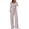 image:imageTrendy Queen Womens 2 Piece Matching Lounge Sets Long Sleeve Henley Neck Slightly Crop Top Wide Leg Pants Casual Sweat SuitLight Apricot