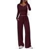 image:imageTrendy Queen Womens 2 Piece Matching Lounge Sets Long Sleeve Henley Neck Slightly Crop Top Wide Leg Pants Casual Sweat SuitWine Red