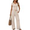 image:imageTrendy Queen Womens 2 Piece Matching Lounge Sets Summer Henley Neck Slightly Crop Top Wide Leg Pants Casual Sweat SuitBeige