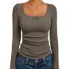 image:imageTrendy Queen Womens Long Sleeve Shirts Crop Square Neck Ribbed Tops Basic Slim Fit Y2K Fall Winter Clothes Outfits 2026Coffee