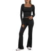 image:imageTrendy Queen Womens Workout Sets 2 Piece Fall Outfits Square Neck Tops Flare Pants Tracksuits Clothes Winter Fashion 2026Black