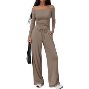 image:imageTrendy Queen 2 Piece Off Shoulder Set Womens Wide Leg Pants Side Ruching Slightly Crop Top SetsMocha