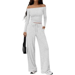 image:imageTrendy Queen 2 Piece Off Shoulder Set Womens Wide Leg Pants Side Ruching Slightly Crop Top SetsOatmeal Grey