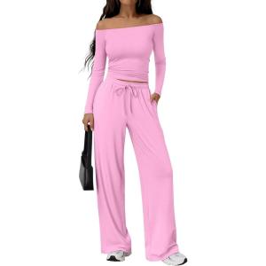 image:imageTrendy Queen 2 Piece Off Shoulder Set Womens Wide Leg Pants Side Ruching Slightly Crop Top SetsPink