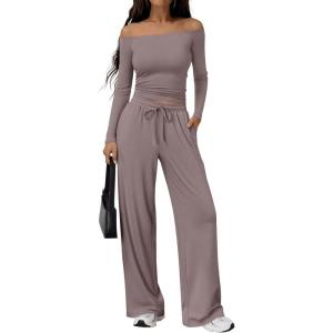 image:imageTrendy Queen 2 Piece Off Shoulder Set Womens Wide Leg Pants Side Ruching Slightly Crop Top SetsRose Taupe