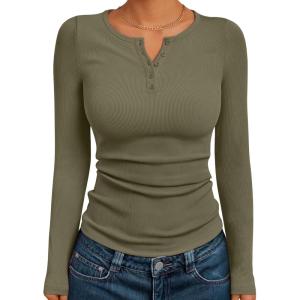 image:imageTrendy Queen Long Sleeve Henley Shirts for Women Fall Winter Ribbed Thermal Tops Casual Blouses Basics Tees Cute SweatersArmygreen