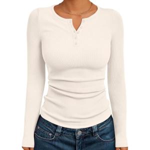 image:imageTrendy Queen Long Sleeve Henley Shirts for Women Fall Winter Ribbed Thermal Tops Casual Blouses Basics Tees Cute SweatersBeige