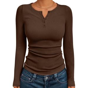 image:imageTrendy Queen Long Sleeve Henley Shirts for Women Fall Winter Ribbed Thermal Tops Casual Blouses Basics Tees Cute SweatersCoffee