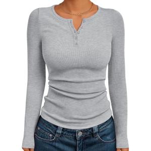 image:imageTrendy Queen Long Sleeve Henley Shirts for Women Fall Winter Ribbed Thermal Tops Casual Blouses Basics Tees Cute SweatersGrey