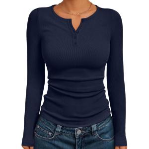 image:imageTrendy Queen Long Sleeve Henley Shirts for Women Fall Winter Ribbed Thermal Tops Casual Blouses Basics Tees Cute SweatersNavyblue