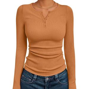 image:imageTrendy Queen Long Sleeve Henley Shirts for Women Fall Winter Ribbed Thermal Tops Casual Blouses Basics Tees Cute SweatersOrange