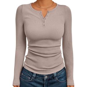 image:imageTrendy Queen Long Sleeve Henley Shirts for Women Fall Winter Ribbed Thermal Tops Casual Blouses Basics Tees Cute SweatersTaupe