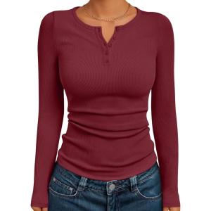 image:imageTrendy Queen Long Sleeve Henley Shirts for Women Fall Winter Ribbed Thermal Tops Casual Blouses Basics Tees Cute SweatersWinered