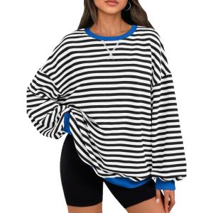 image:imageTrendy Queen Oversized Sweatshirt for Women 2026 Fall Crewneck Striped Long Sleeve Shirts Hoodies Cute Top Y2K OutfitsBlackwhite