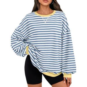 image:imageTrendy Queen Oversized Sweatshirt for Women 2026 Fall Crewneck Striped Long Sleeve Shirts Hoodies Cute Top Y2K OutfitsBluewhite