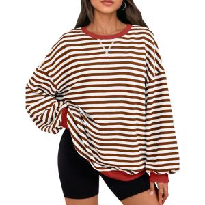 image:imageTrendy Queen Oversized Sweatshirt for Women 2026 Fall Crewneck Striped Long Sleeve Shirts Hoodies Cute Top Y2K OutfitsBrownwhite