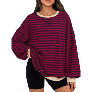 image:imageTrendy Queen Oversized Sweatshirt for Women 2026 Fall Crewneck Striped Long Sleeve Shirts Hoodies Cute Top Y2K OutfitsBurgundyblue