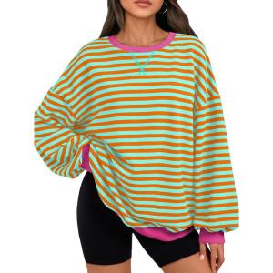 image:imageTrendy Queen Oversized Sweatshirt for Women 2026 Fall Crewneck Striped Long Sleeve Shirts Hoodies Cute Top Y2K OutfitsOrangegreen