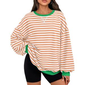 image:imageTrendy Queen Oversized Sweatshirt for Women 2026 Fall Crewneck Striped Long Sleeve Shirts Hoodies Cute Top Y2K OutfitsOrangewhite