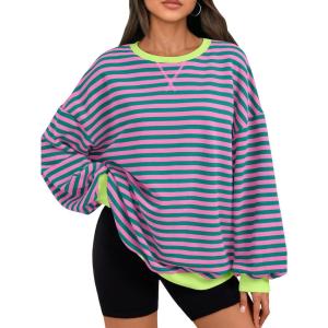 image:imageTrendy Queen Oversized Sweatshirt for Women 2026 Fall Crewneck Striped Long Sleeve Shirts Hoodies Cute Top Y2K OutfitsPinkgreen
