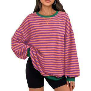 image:imageTrendy Queen Oversized Sweatshirt for Women 2026 Fall Crewneck Striped Long Sleeve Shirts Hoodies Cute Top Y2K OutfitsPurpleyellow