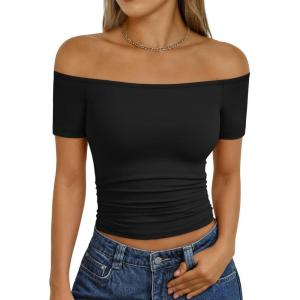 image:imageTrendy Queen Summer Off The Shoulder Tops for Women Going Out Short Sleeve Shirts Cute Y2K Sexy Basic Clothes 2026 FashionBlack