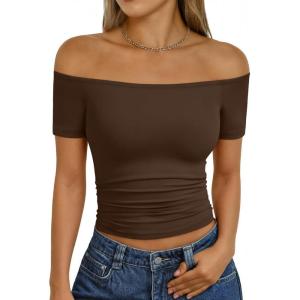 image:imageTrendy Queen Summer Off The Shoulder Tops for Women Going Out Short Sleeve Shirts Cute Y2K Sexy Basic Clothes 2026 FashionChocolate