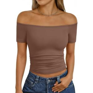 image:imageTrendy Queen Summer Off The Shoulder Tops for Women Going Out Short Sleeve Shirts Cute Y2K Sexy Basic Clothes 2026 FashionCoffee