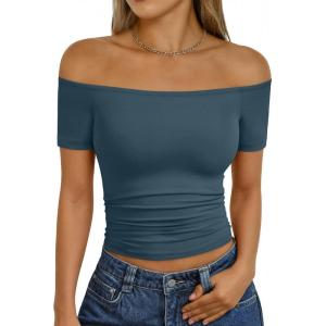 image:imageTrendy Queen Summer Off The Shoulder Tops for Women Going Out Short Sleeve Shirts Cute Y2K Sexy Basic Clothes 2026 FashionHaze Blue
