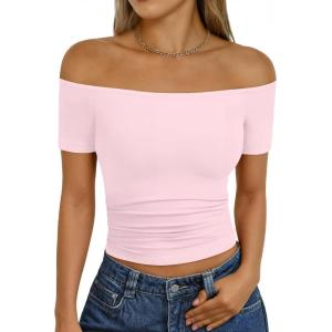 image:imageTrendy Queen Summer Off The Shoulder Tops for Women Going Out Short Sleeve Shirts Cute Y2K Sexy Basic Clothes 2026 FashionPink