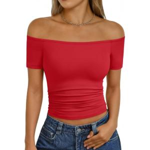 image:imageTrendy Queen Summer Off The Shoulder Tops for Women Going Out Short Sleeve Shirts Cute Y2K Sexy Basic Clothes 2026 FashionRed