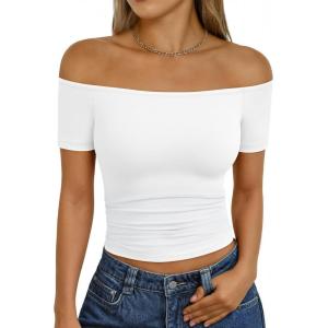 image:imageTrendy Queen Summer Off The Shoulder Tops for Women Going Out Short Sleeve Shirts Cute Y2K Sexy Basic Clothes 2026 FashionWhite