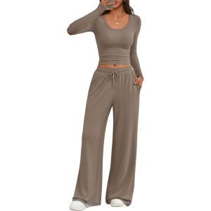image:imageTrendy Queen Women 2 Piece Matching Lounge Sets Clothing Wide Leg Pants 2026 Y2K Sweatsuits Spring Travel Airport OutfitMocha
