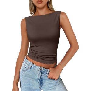image:imageTrendy Queen Women Going Out Summer Tank Tops Spring Casual Basic Cute 2026 Sleeveless Shirt Vacation Fashion Outfit ClothesDark Browm