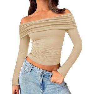 image:imageTrendy Queen Women Long Sleeve Shirts Off Shoulder Tops Going Out Crop Sexy Slim Fitted Y2K Fall Outfits 2026 Fashion ClothesApricot