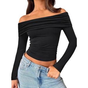 image:imageTrendy Queen Women Long Sleeve Shirts Off Shoulder Tops Going Out Crop Sexy Slim Fitted Y2K Fall Outfits 2026 Fashion ClothesBlack