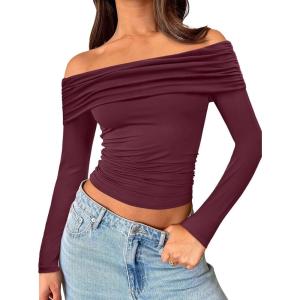 image:imageTrendy Queen Women Long Sleeve Shirts Off Shoulder Tops Going Out Crop Sexy Slim Fitted Y2K Fall Outfits 2026 Fashion ClothesBurgundy