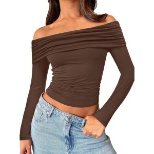 image:imageTrendy Queen Women Long Sleeve Shirts Off Shoulder Tops Going Out Crop Sexy Slim Fitted Y2K Fall Outfits 2026 Fashion ClothesCoffee