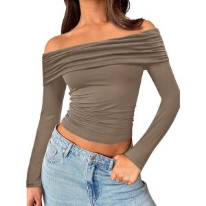 image:imageTrendy Queen Women Long Sleeve Shirts Off Shoulder Tops Going Out Crop Sexy Slim Fitted Y2K Fall Outfits 2026 Fashion ClothesCoffeegrey