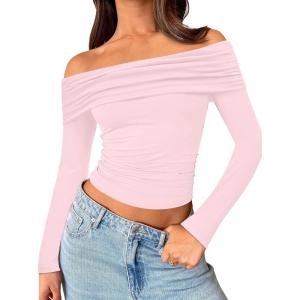 image:imageTrendy Queen Women Long Sleeve Shirts Off Shoulder Tops Going Out Crop Sexy Slim Fitted Y2K Fall Outfits 2026 Fashion ClothesPink