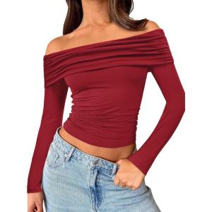 image:imageTrendy Queen Women Long Sleeve Shirts Off Shoulder Tops Going Out Crop Sexy Slim Fitted Y2K Fall Outfits 2026 Fashion ClothesRed